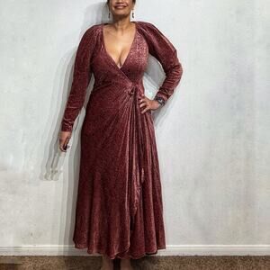 Tanya Taylor Rose Long Puff Sleeve Velvet Wrap Maxi Dress Sz 4